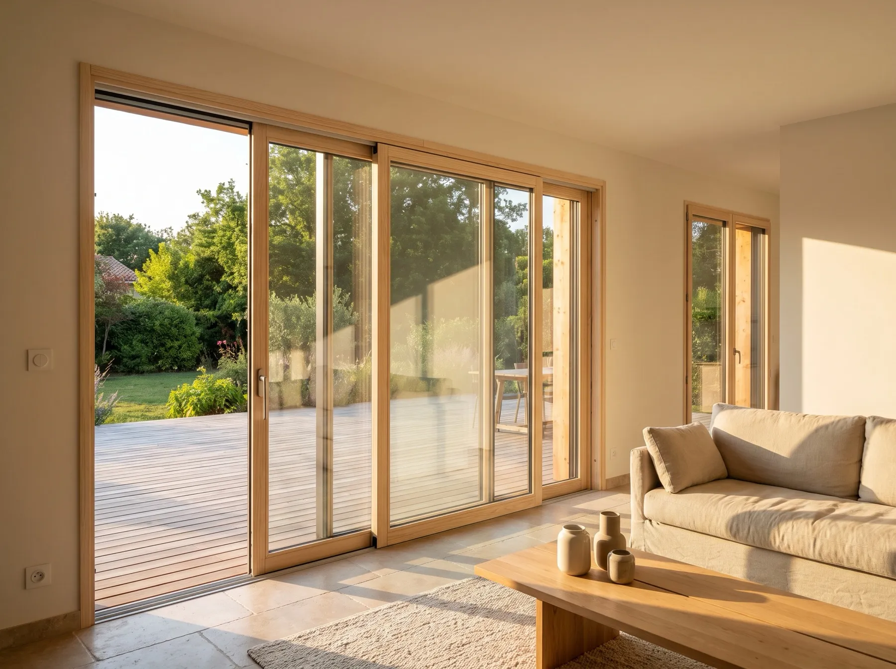 Illustration : baie coulissante bois-aluminium vue de l'intérieur, cadre en pin clair ouvert sur une terrasse