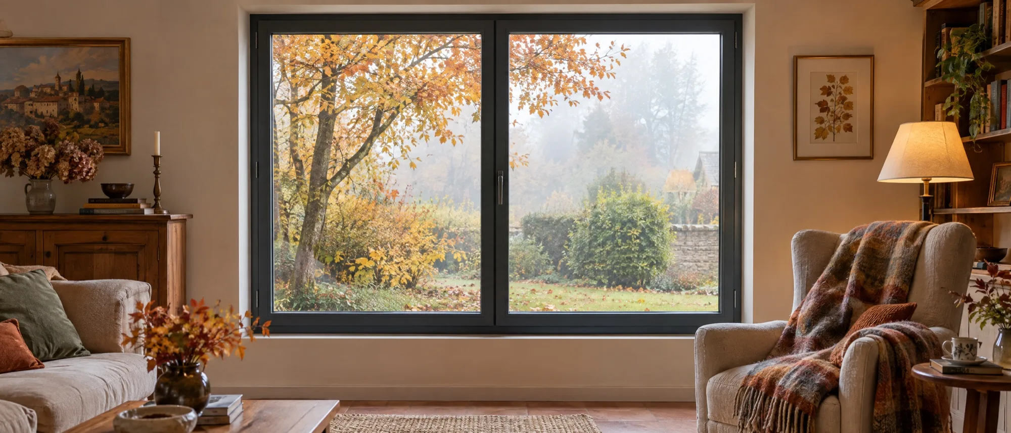 Fenêtre aluminium donnant sur un jardin aux couleurs d'automne
