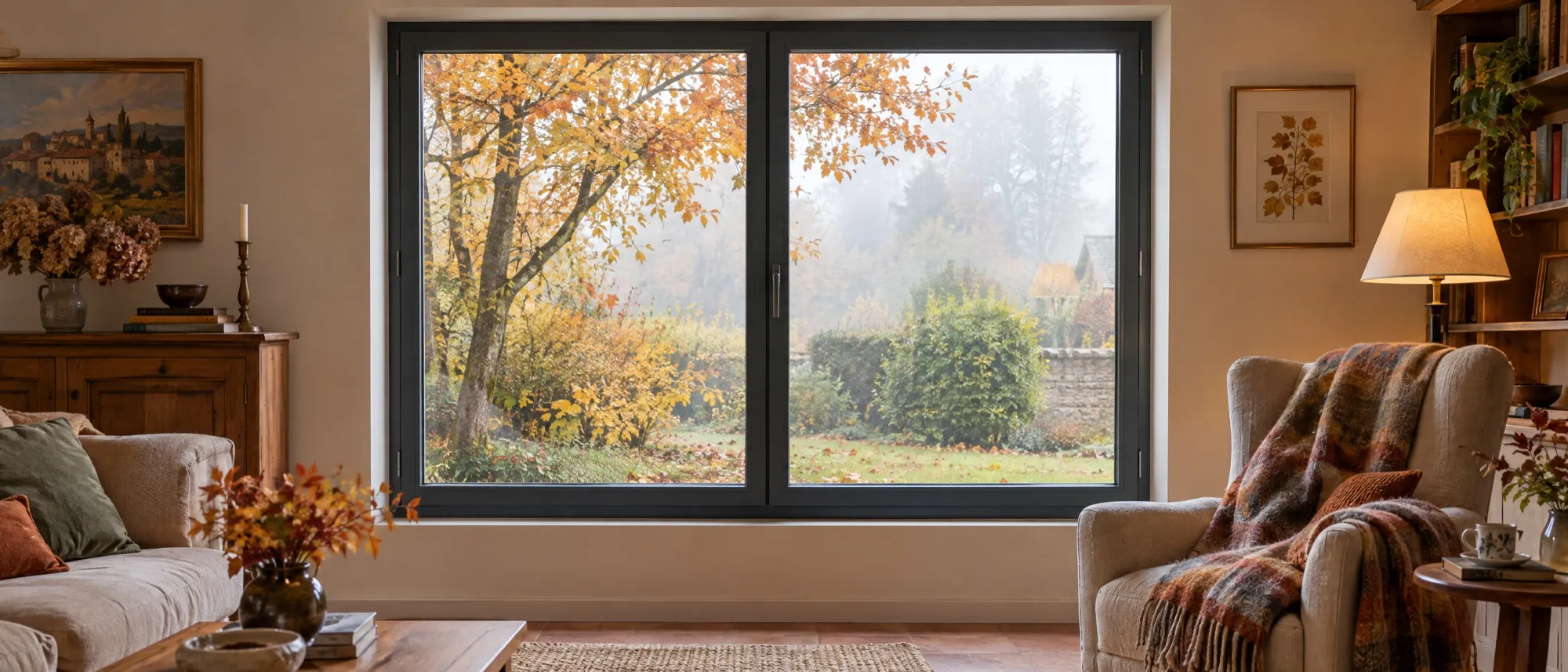 Fenêtre aluminium donnant sur un jardin aux couleurs d'automne