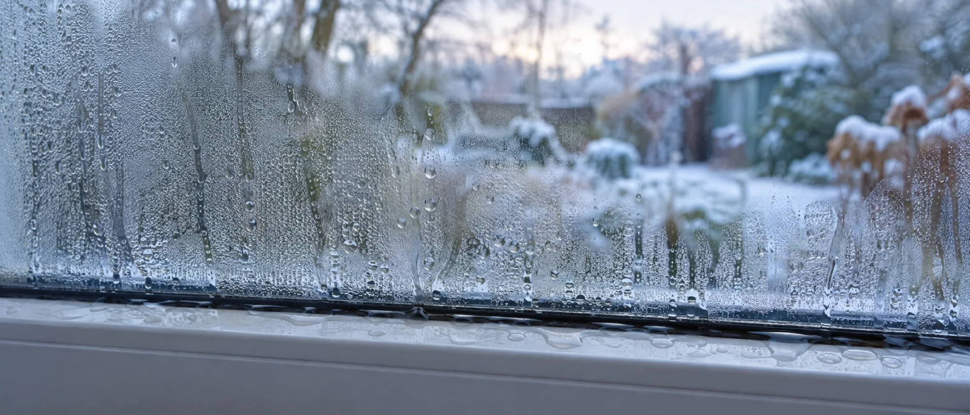 Gouttes de condensation sur le bas d'un vitrage au petit matin