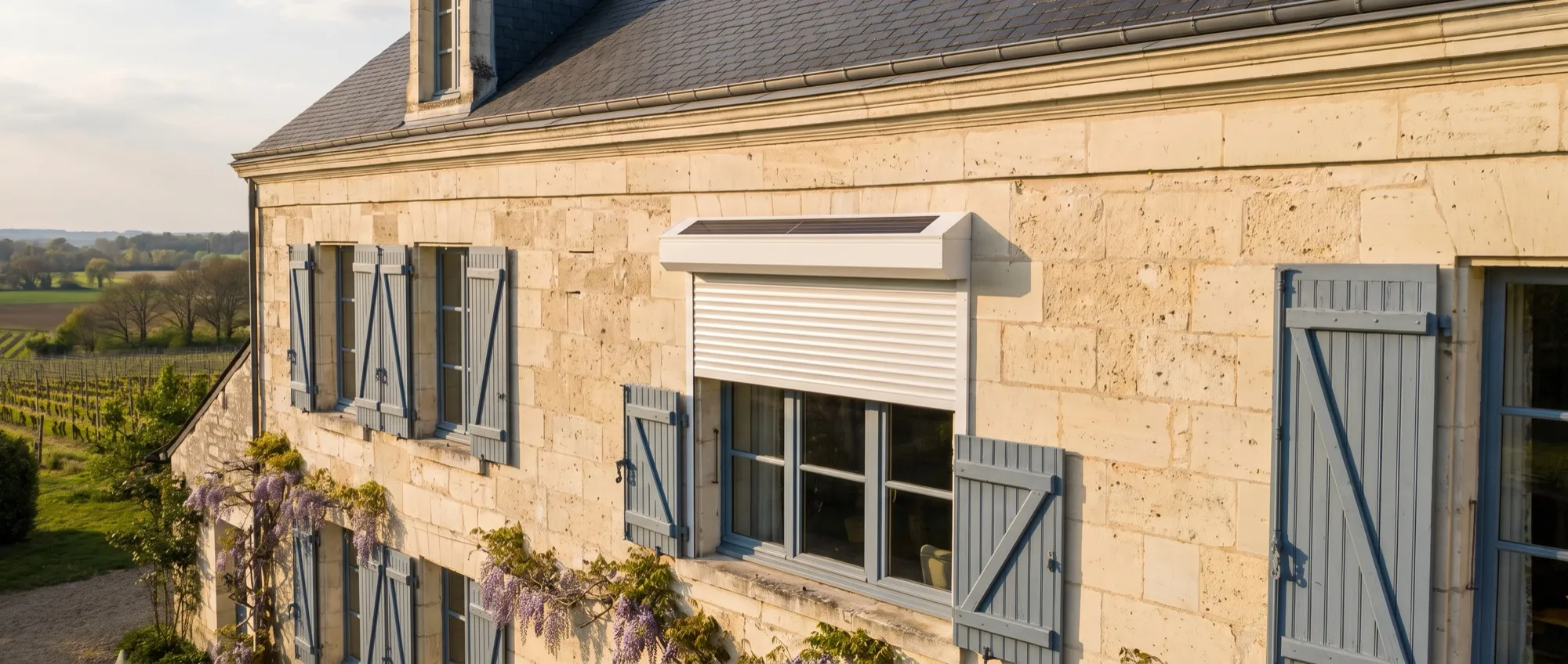 Maison de tuffeau avec un volet roulant solaire à coffre blanc, panneau photovoltaïque sur le dessus du coffre