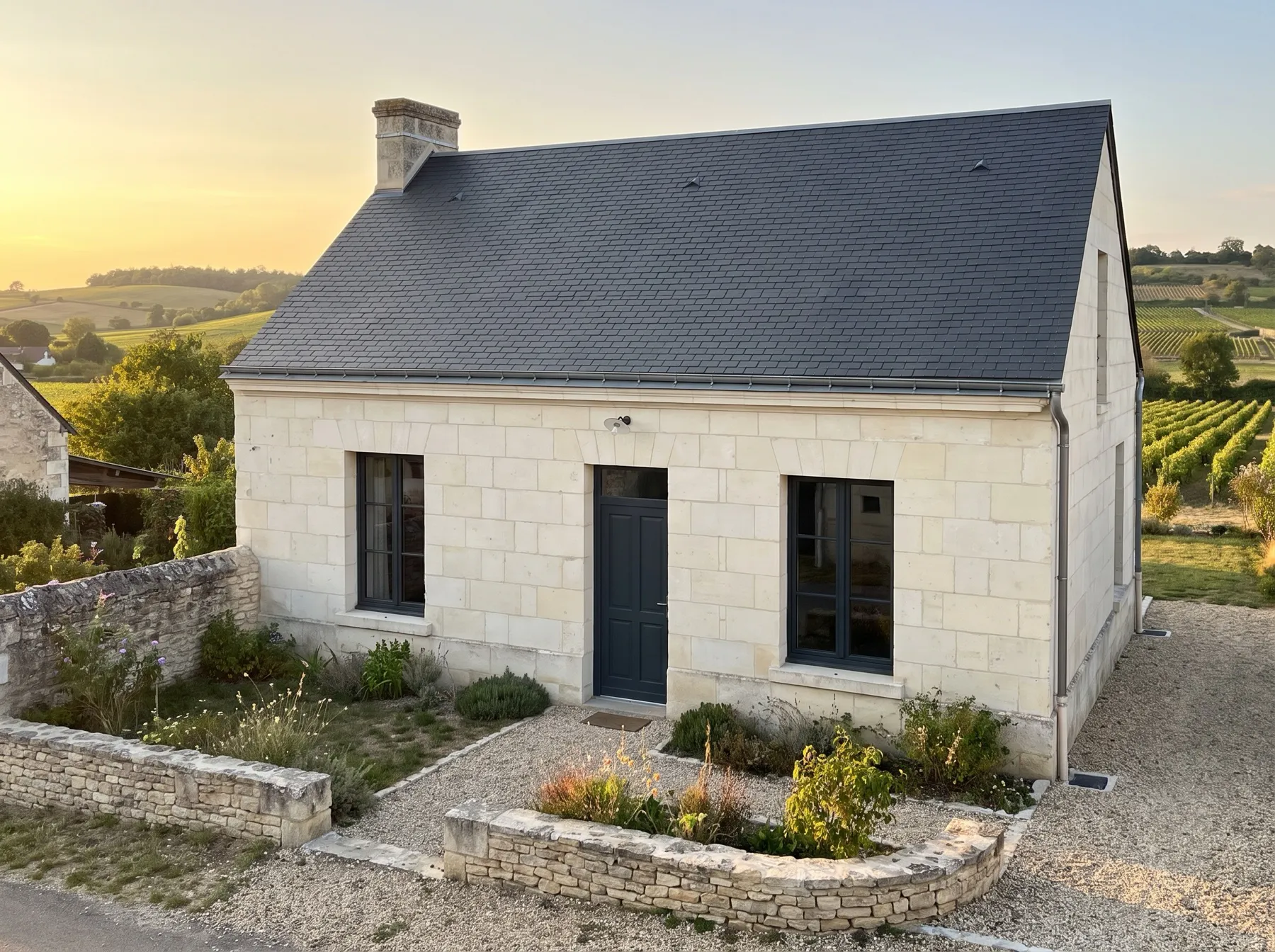 Illustration : maison en tuffeau et ardoise équipée de fenêtres bois-aluminium à capotage anthracite