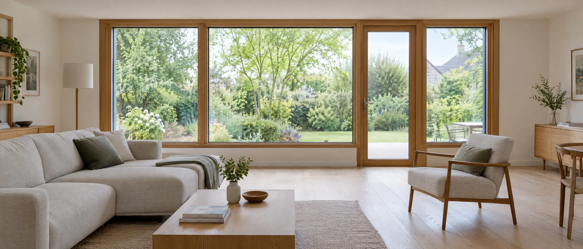 Fenêtres bois-alu vues de l'intérieur : cadres en bois clair dans un séjour