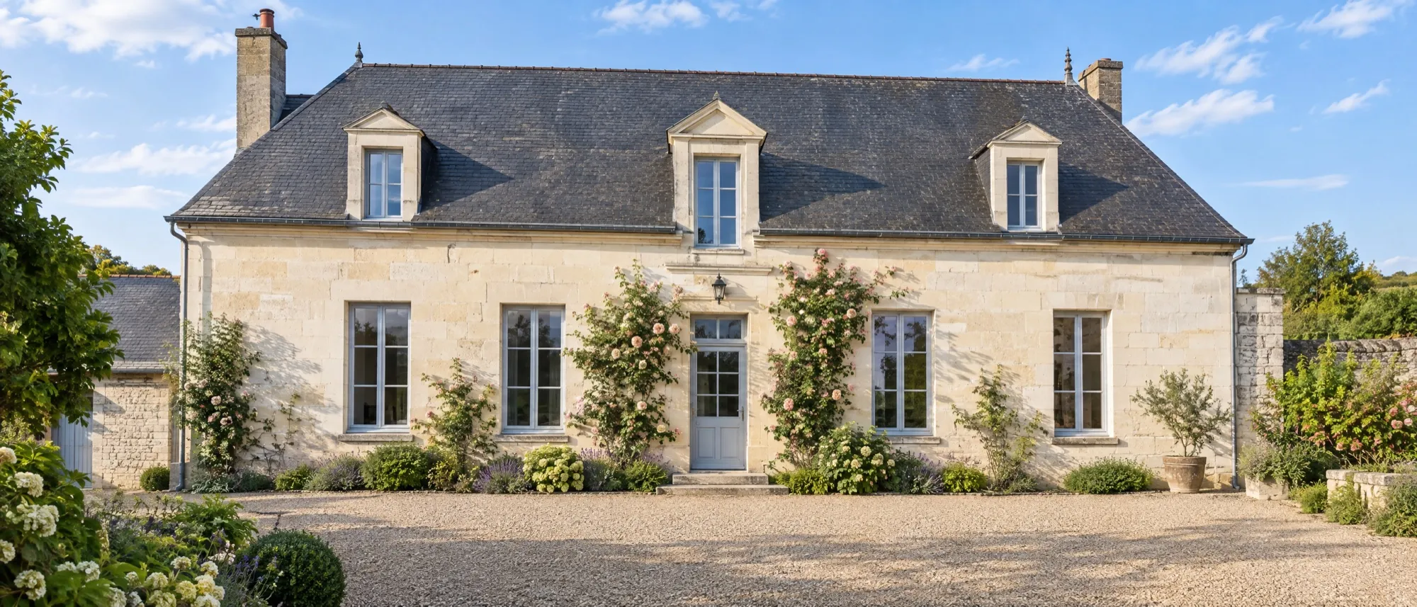 Maison angevine en tuffeau et toit d'ardoise aux fenêtres rénovées