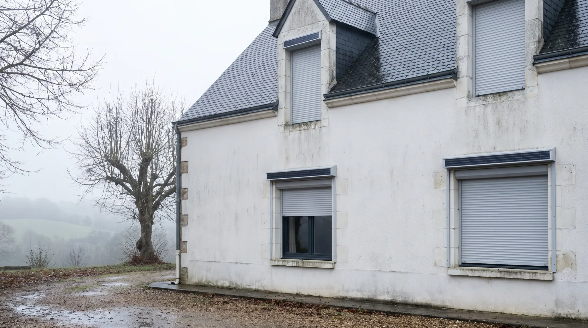 Façade sous un ciel gris d'hiver, volets roulants solaires à coffre gris clair avec panneau intégré