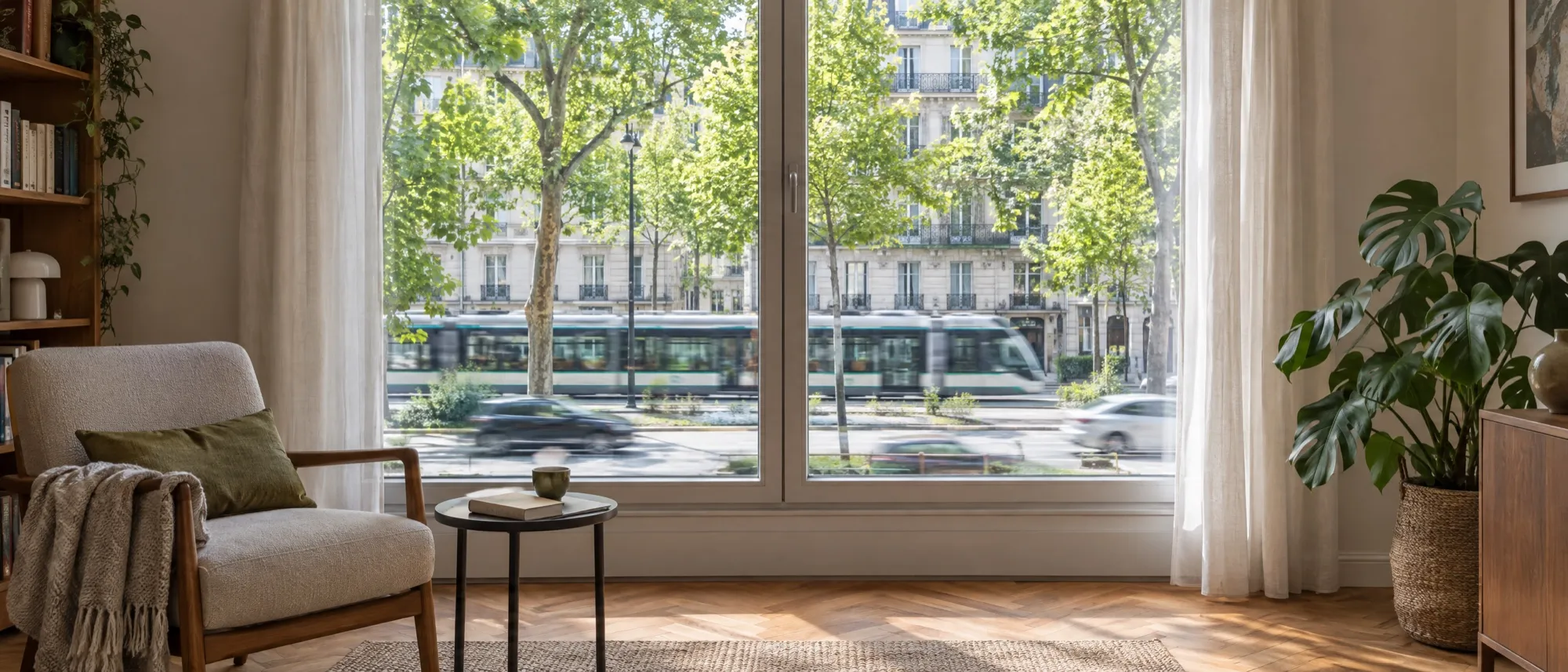 Séjour calme derrière une grande fenêtre donnant sur un boulevard et son tramway