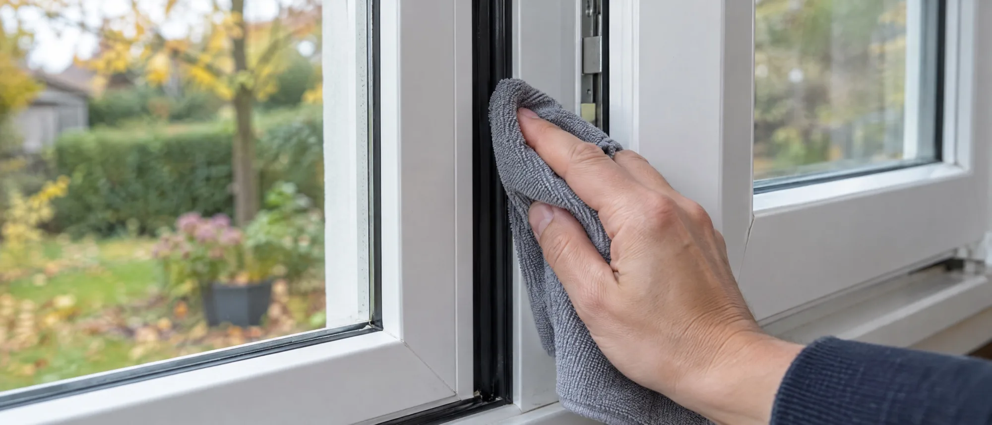 Main passant un chiffon sur le joint d'étanchéité d'une fenêtre PVC blanche entrouverte