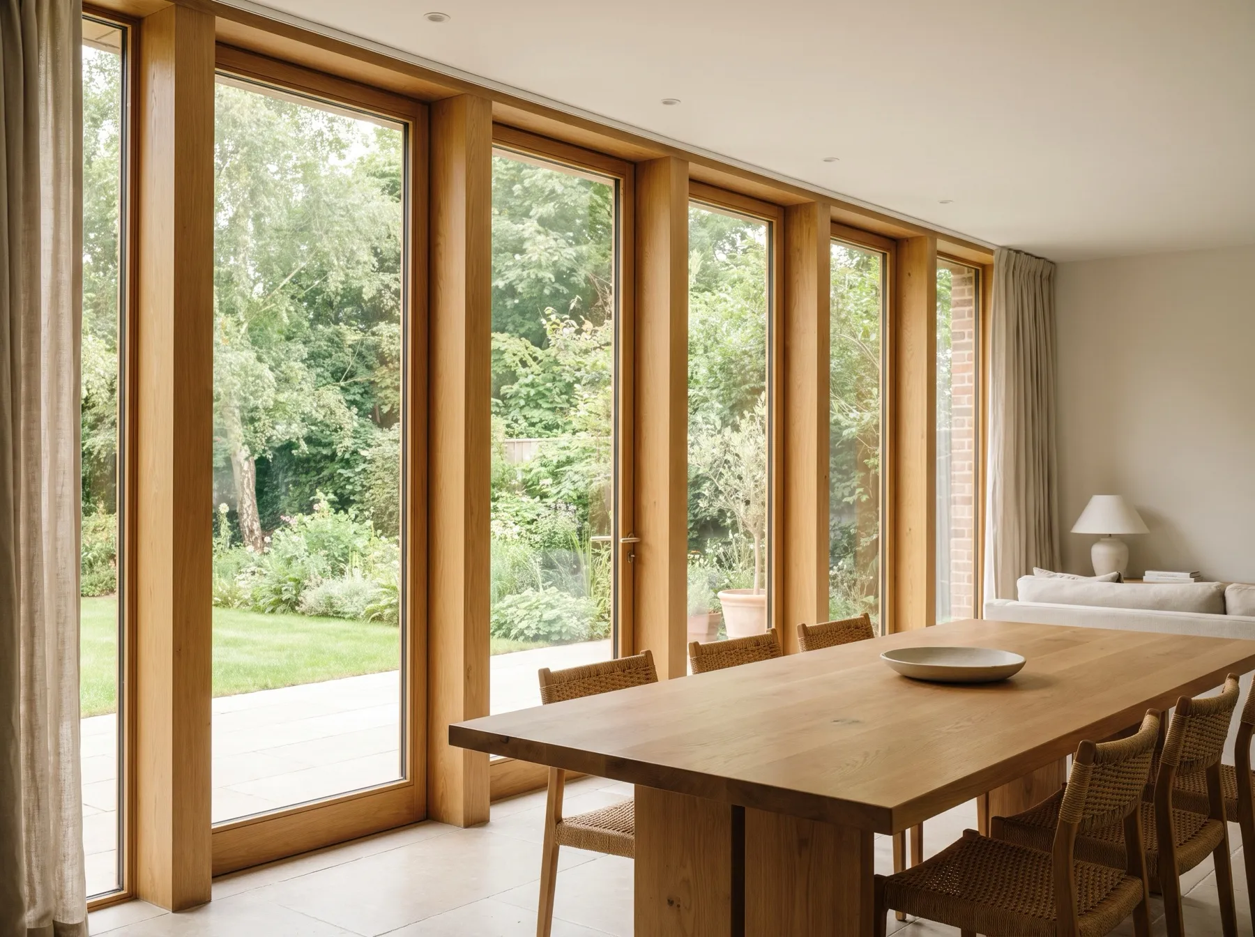 Illustration : façade vitrée bois-aluminium vue de l'intérieur, montants en chêne, salle à manger ouverte sur un jardin
