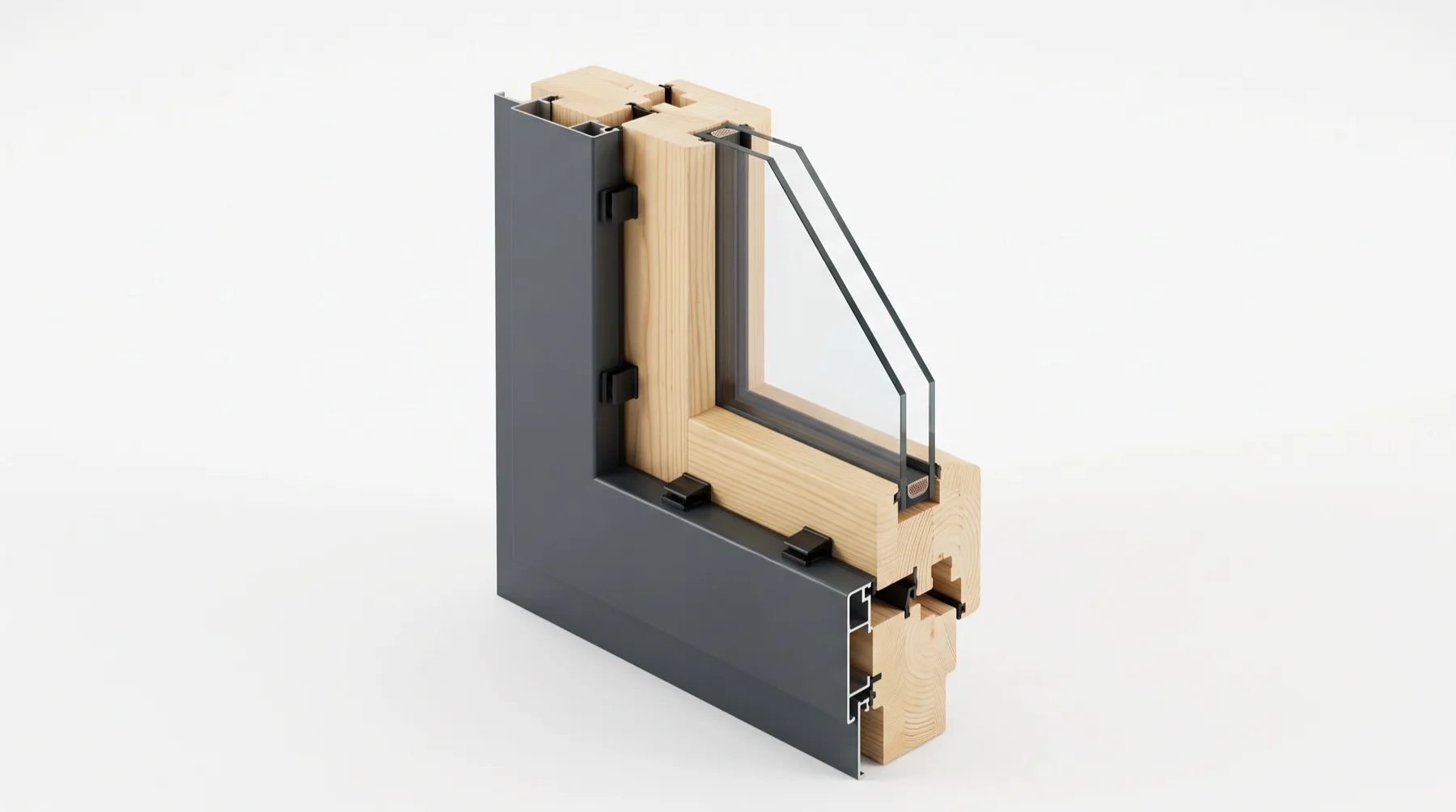 Illustration : angle de menuiserie bois-aluminium vu en écorché, structure en bois à l'intérieur, capotage aluminium anthracite à l'extérieur fixé par plots, double vitrage