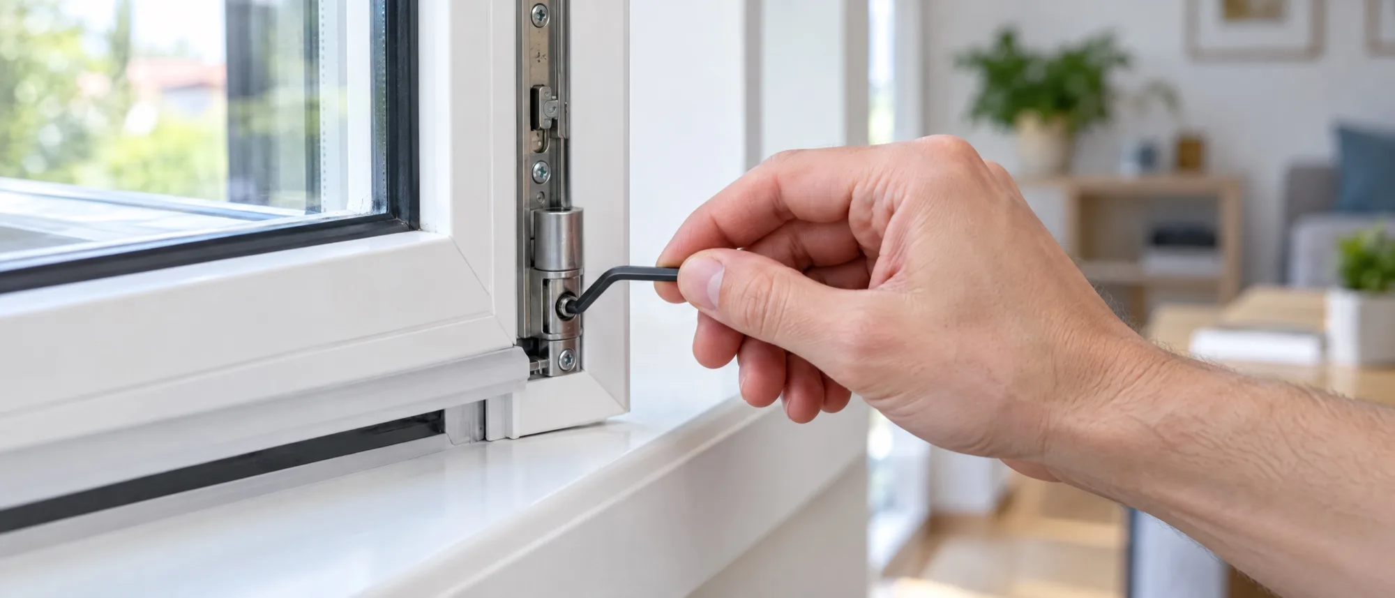 Main réglant la paumelle d'une fenêtre PVC avec une clé Allen